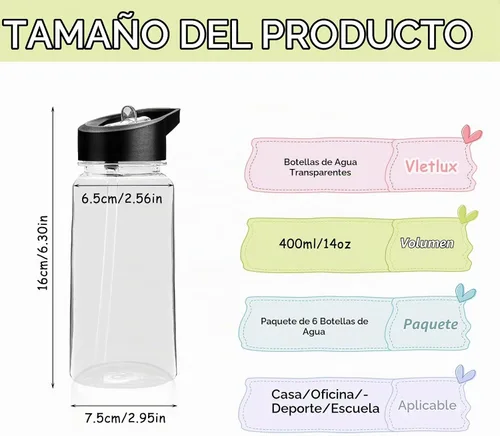 Vista 2 de Paquete de 6 botellas de agua transparentes con mango de tapa con popote, botellas de agua reutilizables de 14 onzas a granel, boca ancha, a prueba
