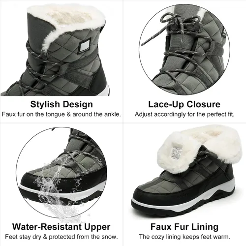 Vista 3 de DREAM PAIRS Botas de nieve de invierno para mujer, botines de goma impermeables con forro de piel sintética cálido y cómodo, con cordones