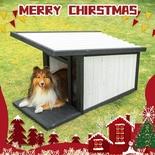 Vista 2 de Casa para perros al aire libre, techo inclinado impermeable contra la lluvia y la nieve, casas para perros de diseño moderno con panel resistente a