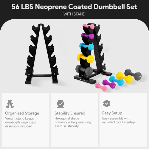 Vista 4 de BalanceFrom Neoprene Coated Iron Dumbbell Hex Weights Set with Stand – Color-Coded or Black Options with Non-Slip Grip for Strength Training