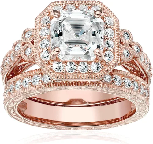 Vista 25 de Amazon Essentials Anillo antiguo de plata de ley chapada en platino o oro con circonita cúbica de elementos infinitos de corte Asscher
