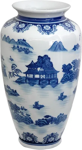 Vista 6 de Red Lantern Jarrón Tung Chi de porcelana floral azul y blanca de 14 pulgadas