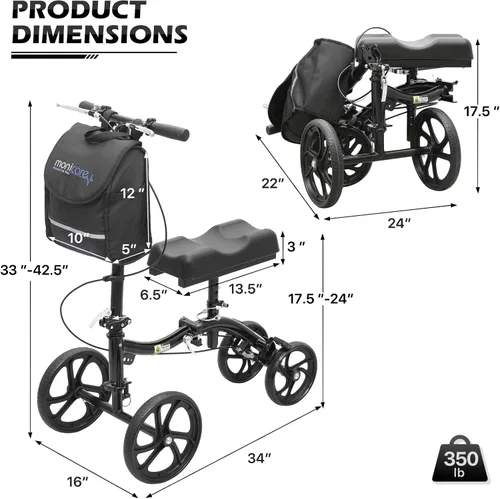 Vista 2 de monicare Rodillera para adultos, ruedas delanteras de 10 pulgadas, alternativa de muleta médica orientable con sistema de freno doble y bolsa