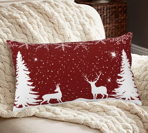 Vista 2 de Funda de almohada de invierno con diseño de copo de nieve de Navidad, fundas de almohada lumbares de alce, fundas de cojín rectangulares decorativas