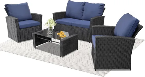 Vista 10 de Juego de 4 muebles de patio al aire libre, muebles de exterior, juego de sofá modular de mimbre para conversación al aire libre, juego de sofá