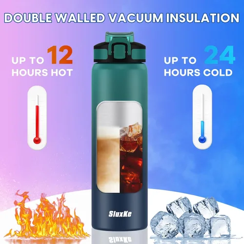 Vista 4 de SLUXKE Botella de agua de 24 onzas aislada con pajilla, botella de agua de acero inoxidable 18/8 de doble pared con correa de transporte, botella