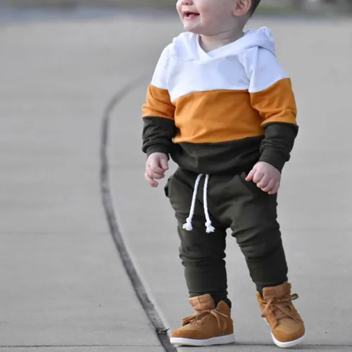 Vista 3 de Ropa para bebé niño pequeño, sudadera con capucha y bloques de color, 2 piezas, sudadera para otoño e invierno