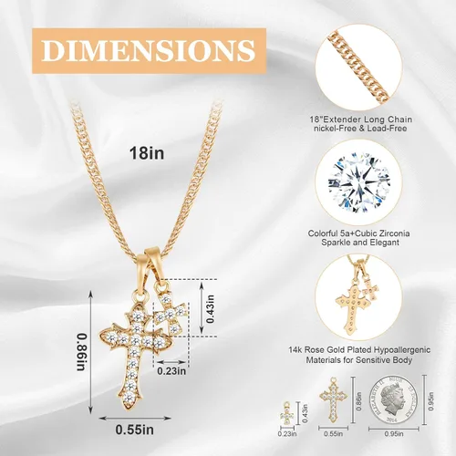 Vista 3 de Cross Necklace for Women,18K Gold Plated CZ Cross Pendant Necklace,Double Cross Necklace with Gold Chain Cross Necklace Trendy Jewelry Gifts for