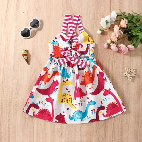 Vista 8 de Falda de verano para niñas pequeñas, con estampado de dinosaurio, sin mangas, correa sin espalda, vestido de 1 a 6 años