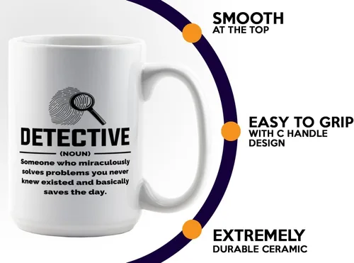 Vista 5 de Taza de café detective de 15 onzas, color blanco, Detective Def, oficial de policía, policía, patrulla, detective, policía, policía, policía