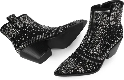 Vista 3 de ISNOM Rhinestone Cowboy Boots Sparkly Ankle Boots with Pointed Toe and Chunky Heel Design