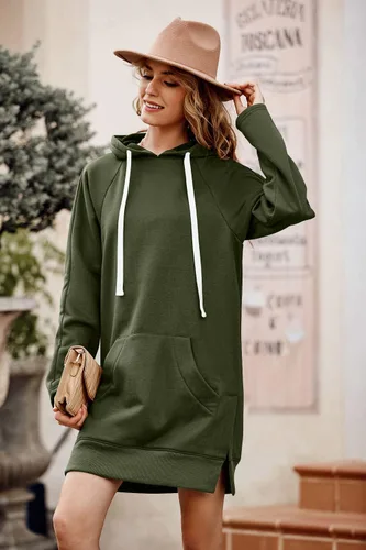 Vista 4 de PRETTYGARDEN Vestido de manga larga con capucha y dobladillo dividido para mujer con bolsillo canguro