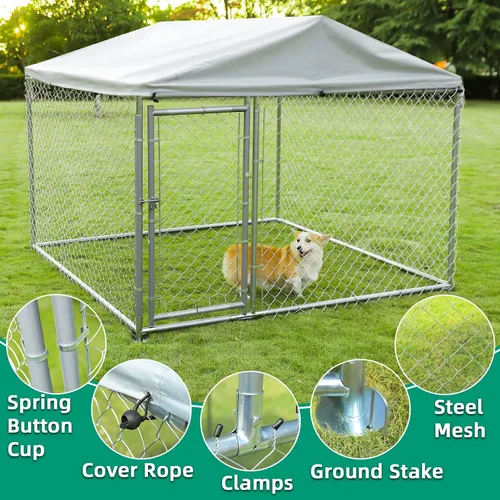 Vista 4 de VIVIJASON Perrera grande para perros al aire libre, jaula de valla resistente para mascotas con cadena galvanizada, caja para mascotas con techo