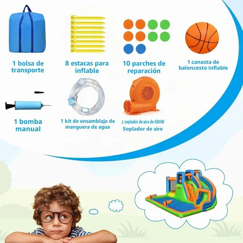 Vista 6 de BOUNTECH Tobogán acuático inflable, castillo de salto de parque acuático para niños con gran piscina de salpicaduras, 2 paredes de escalada