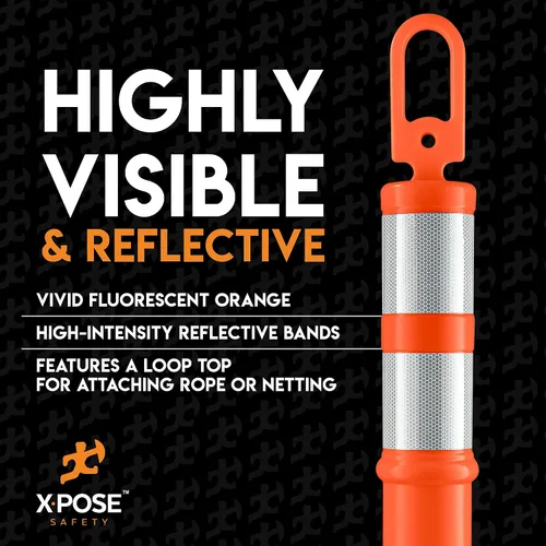 Vista 4 de Xpose Safety Postes de delineador naranja de 45 pulgadas con base, paquete de 3 – parte superior de anillo, banda reflectante de 10 pulgadas, base