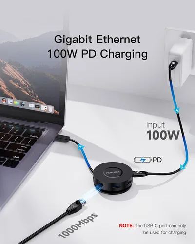 Vista 4 de Estación de acoplamiento mini USB C Dual HDMI, FORIDA USB C a USB Dock Hub con Gigabit Ethernet 100W Power Delivery Lector de tarjetas Micro SD