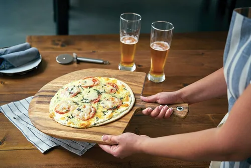 Vista 7 de Tabla Gourmet de madera de acacia de piel para pizza, Pala para pizza