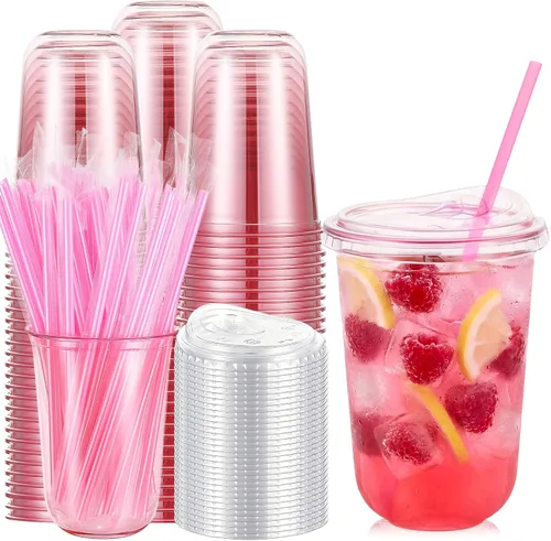 Vista 24 de Ziliny Paquete de 50 vasos de plástico transparente negro de 12 onzas con tapas y popotes, vasos desechables para mascotas, taza de café helado