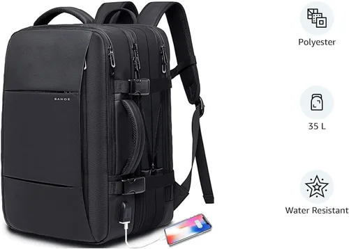 Vista 3 de BANGE Mochilas de viaje de 35L, mochila de mano expandible para aviones, mochila impermeable para laptop de 17.3 pulgadas para hombres y mujeres