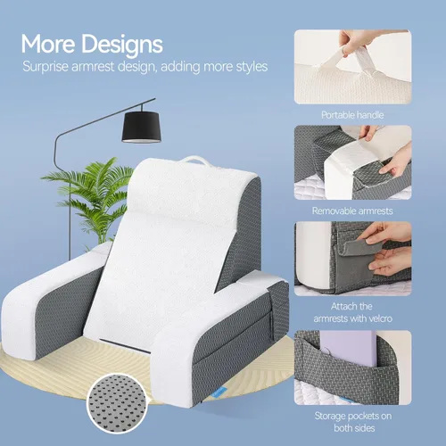 Vista 6 de Kayfia Almohada de lectura, almohada de espalda 10 en 1 para cama sentada con reposabrazos desmontable, almohada de respaldo con espuma