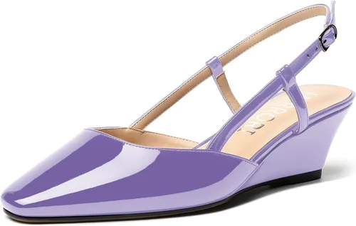 Vista 10 de MERRORI Zapatos de tacón bajo de cuña con hebilla y punta cuadrada para mujer, de patente sólida, de 2 pulgadas Beige