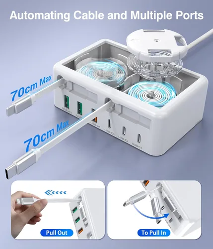 Vista 8 de Bloque de Carga USB C Retráctil 8-en-1 Mejorado, Hub de Estación de Carga Múltiple GaN de 120W con Cable Lightning y Tipo C, Enchufe de Tira