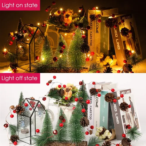 Vista 9 de Guirnalda de Navidad con 20 luces LED de 6.5 pies, con luces de pino y baya roja, funciona con pilas, guirnalda de luces LED, decoraciones