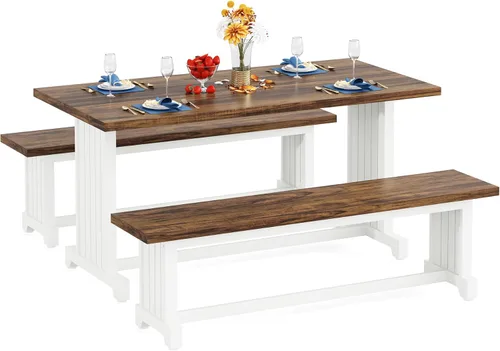 Vista 8 de Tribesigns Juego de mesa de comedor pequeña de 47 pulgadas para 2, mesa de cocina de 3 piezas con 2 bancos, muebles de cena de madera de granja