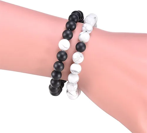 Vista 7 de ZC LI JEWELRY Pulsera de piedra natural con cuentas de ágata negra mate para él y ella