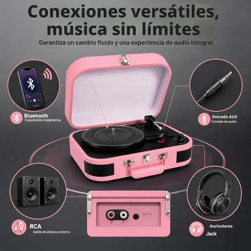 Vista 4 de Vintage Suitcase - Tocadiscos portátil Bluetooth de 3 velocidades con altavoces integrados, para discos de vinilo de 7/10/12 pulgadas (rosa)