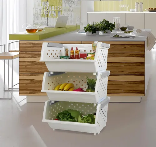 Vista 5 de Paquete de 3 cestas de almacenamiento apilables de plástico, cesta organizadora apilable blanca Stackable Storage Design, Breathable Perforated