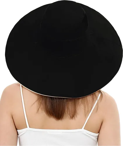 Vista 9 de Sombrero de pescador de algodón para mujer, reversible, de ala ultra ancha, plegable, protección UV, verano, viajes, UPF 50+ Negro