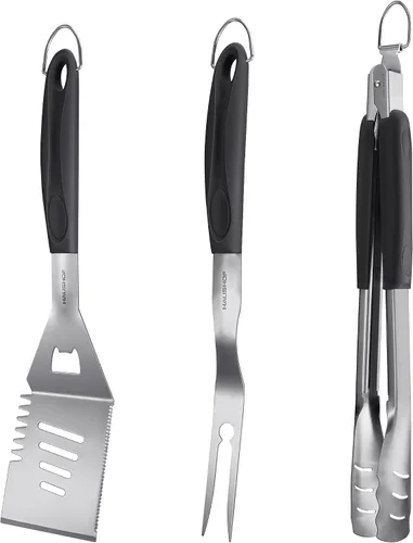 Vista 8 de HAUSHOF Accesorios para Parrilla Grandes de Servicio Pesado, Juego de Barbacoa, Regalos para Hombres y Mujeres - Espátula, Tenedor y Pinzas de Acero