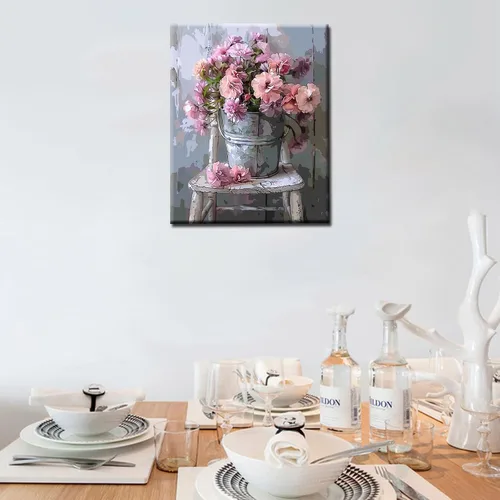 Vista 3 de Pintura de bricolaje por números Flores rosadas - Kit de pintura para adultos estilo vintage sobre lienzo