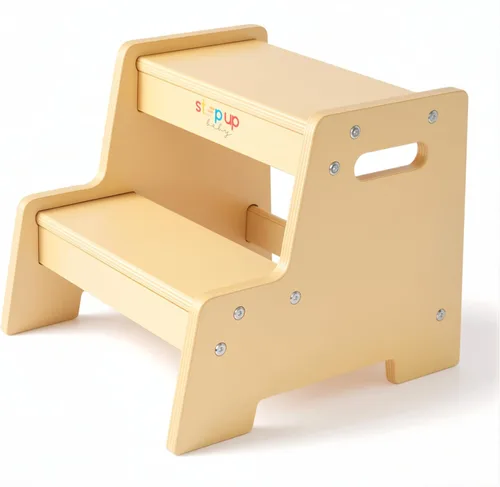 Vista 6 de Taburete de madera barnizado para niños – Taburete infantil de 2 pasos con asas, madera contrachapada de abedul, base antipunta y esquinas