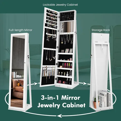 Vista 5 de LOKO Gabinete de joyería con cerradura, organizador de maquillaje de gran capacidad con espejo de cuerpo entero, espejo de maquillaje integrado, 5