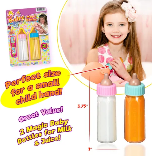Vista 5 de Ja-Ru Biberones mágicos para muñecas de bebé, botella de leche y botella de jugo, accesorios para muñecas de bebé. Set con 2 botellas. 701-1