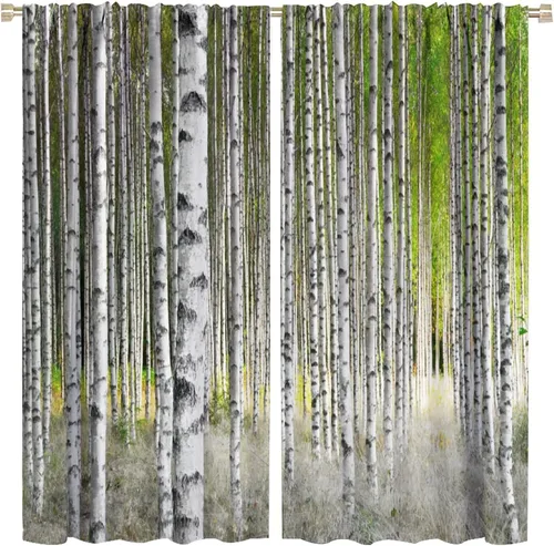 Vista 38 de Cortina opaca de bosque de verano, diseño de ramas de bosque, con bolsillo para barra, cortinas farbic con bolsillo para barra, comedor, cafetería
