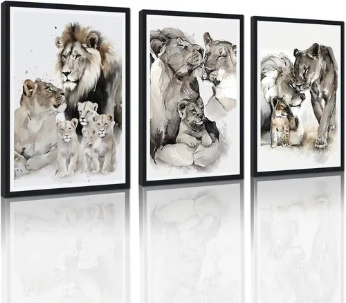 Vista 16 de 3 piezas modernas de lienzo de león de animales salvajes, pinturas de retratos de familia de leones, decoración de pared, obras de arte de sala