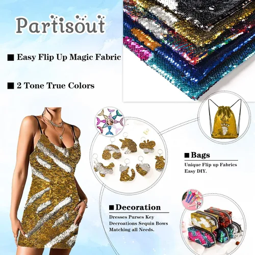 Vista 5 de Partisout Tela de lentejuelas reversible de 1 yarda: plata a oro de dos tonos, tela de purpurina de sirena para vestidos de bricolaje, telones