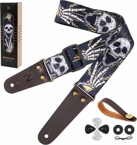 Vista 32 de Nefelibata Correa de guitarra, correas de guitarra de algodón bordadas con extremos de cuero de vaca para bajo, guitarras eléctricas y acústicas