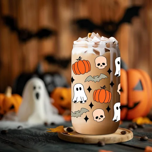 Vista 6 de Coolife Taza de otoño de calabaza y fantasma de Halloween – Taza de otoño de calabazas de 16 onzas, vaso de vidrio para café helado, tazas de vidrio