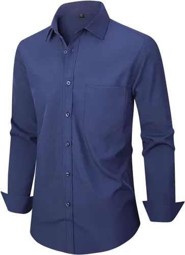 Vista 24 de corfty Camisa de vestir de manga larga para hombre, ajuste regular, elástica, sin arrugas, casual, con botones