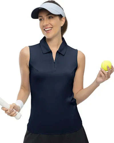 Vista 2 de YSENTO Camisas de golf sin mangas para mujer, ropa con cuello de 14 con cremallera de secado rápido, camisas polo de tenis