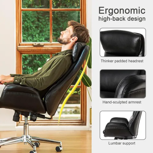 Vista 7 de Glitzhome Mid-Century Modern Air Leatherette Silla de trabajo ajustable giratoria con respaldo alto, silla de oficina para computadora con Negro