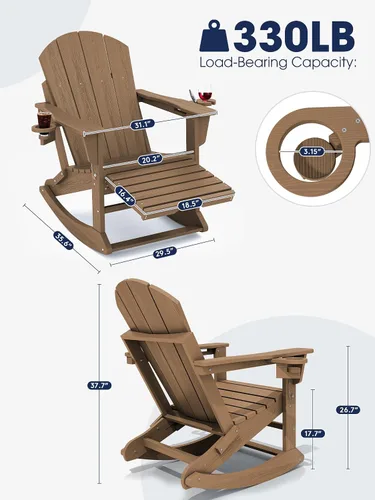 Vista 2 de KINGYES Silla mecedora Adirondack con otomano retráctil y portavasos, silla reclinable de patio Adirondack de HDPE para porche, patio, balcón, Teca