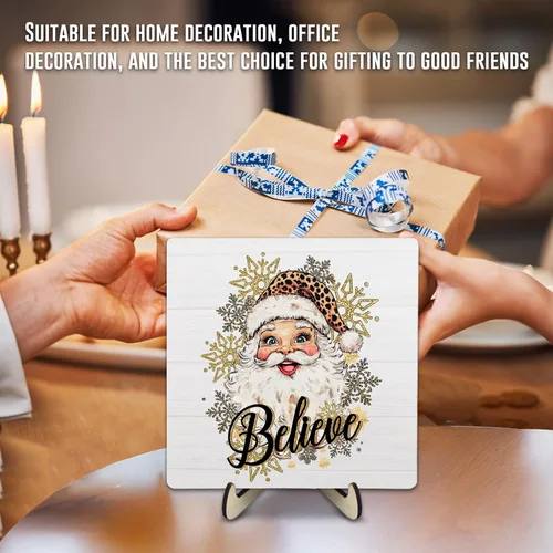 Vista 5 de Letrero de placa de madera con texto en inglés "Merry Christmas", letrero de madera para decoración de escritorio de oficina en casa, 5.9 x 5.9