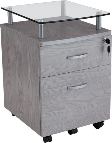 Vista 9 de Archivador rodante de 2 cajones con cerradura y parte superior de cristal, archivador debajo del escritorio con ruedas, soporte para impresora