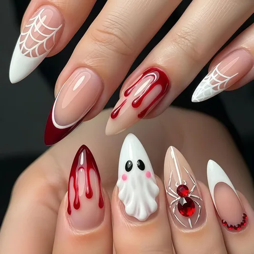 Vista 20 de Paquete de 6 144 uñas acrílicas de Halloween a presión, uñas postizas reutilizables de cobertura completa, uñas postizas adhesivas con pegamento H103
