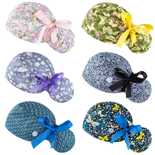 Vista 8 de Gorras de Exfoliación para Mujer Bouffant, Gorras de Exfoliación Ajustables, Gorra de Trabajo con Bolso para Cola de Caballo, Gorra de Ducha